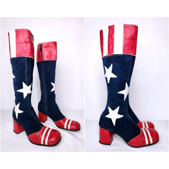 60s Sbicca Go-Go Boots America Stars Stripes Color Block Leather High Heels 7.5 - Picture 1 of 10